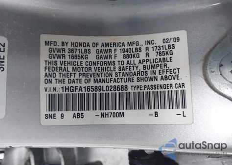 2009 Honda Civic Lx z USA, uszkodzony, nr VIN 1HGFA16589L028688